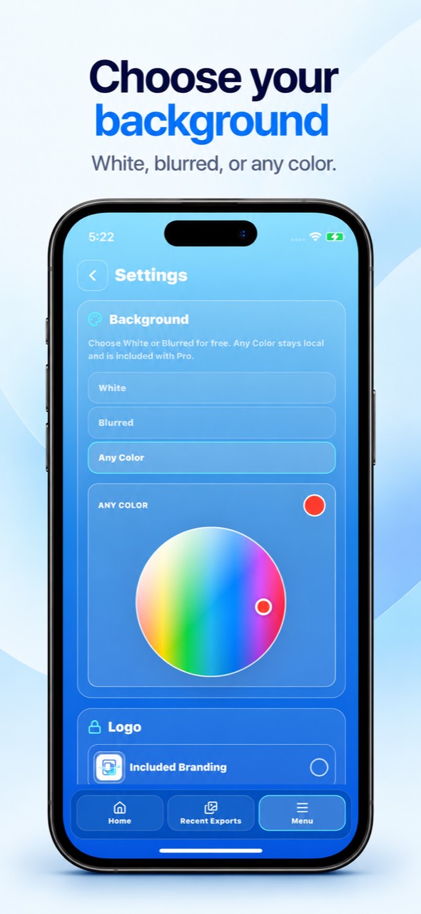 CardCrop Mobile background settings for white, blurred, or custom color.