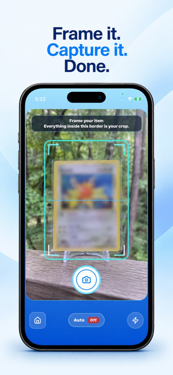 CardCrop Mobile Manual camera with the framing border and shutter controls.
