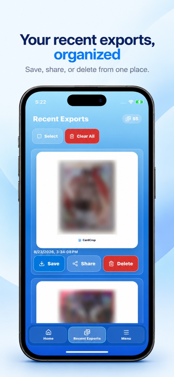 CardCrop Mobile Recent Exports screen with save, share, and delete actions.